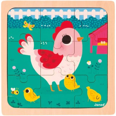 Puzzle bois bébé - Puzzle Poulette 9 pièces, enfant 18 mois - Janod
