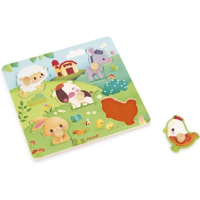 Puzzle tactile Ferme 5 pièces : Puzzles en bois premier âge - Janod