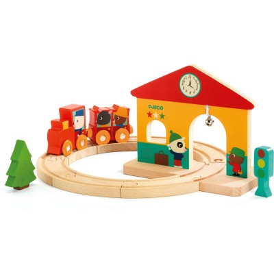 Minitrain et mini circuit en bois avec 10 rails - Djeco