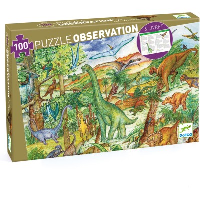 Puzzle 100 pièces - poster et livret : découverte dinosaures - Djeco