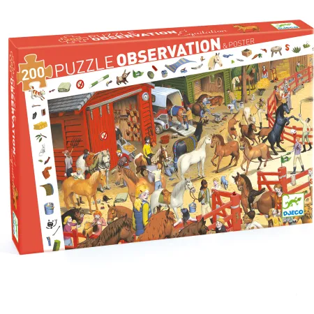 Puzzle 200 pièces - poster et jeu d'observation : equitation - Djeco