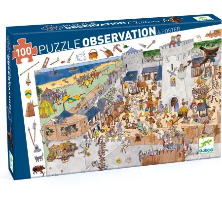 Puzzle 100 pièces - poster et jeu d'observation : château fort - Djeco